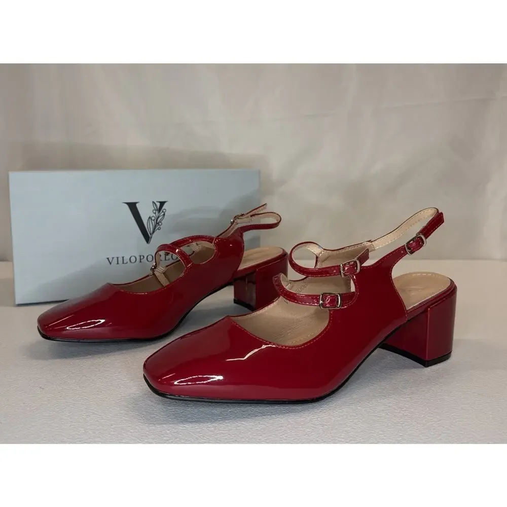 Viloporlor Women’s Mary Jane Shoes Slingback Chunky Heels Red Size 9